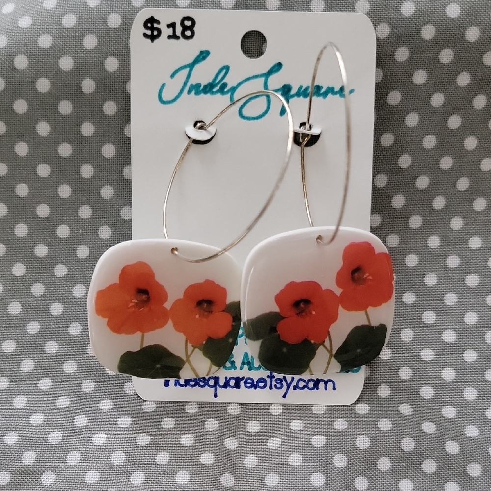 Floral Hoop Earrings - Red and Green